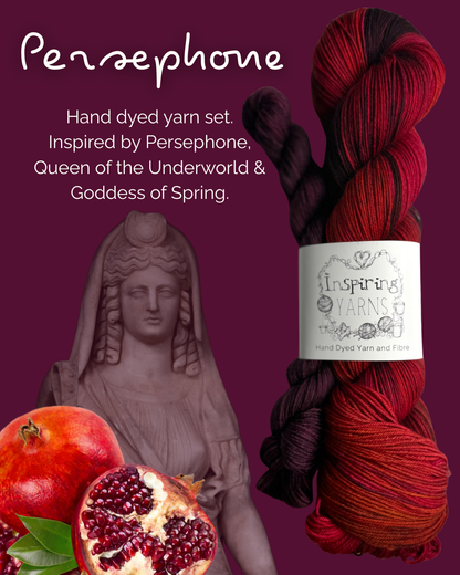 Hand dyed yarn set inspired by Persephone with a statue and pomegranate on a purple background