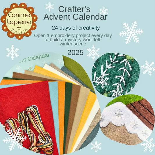 Corinne Lapierre Crafter's Advent Calendar for 2025 with craft materials and snowflakes on a blue background.