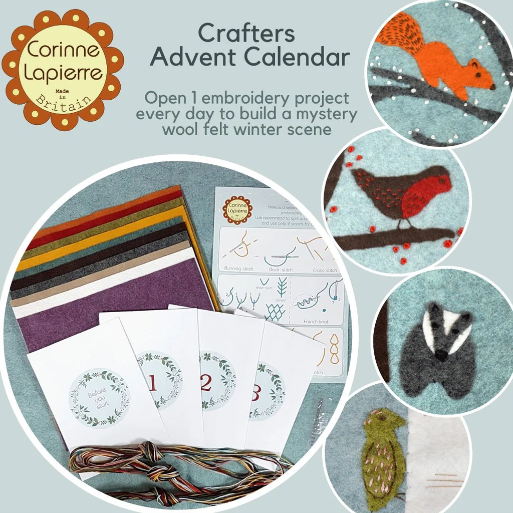 Corinne Lapierre Crafters Advent Calendar with embroidery materials and animal illustrations.