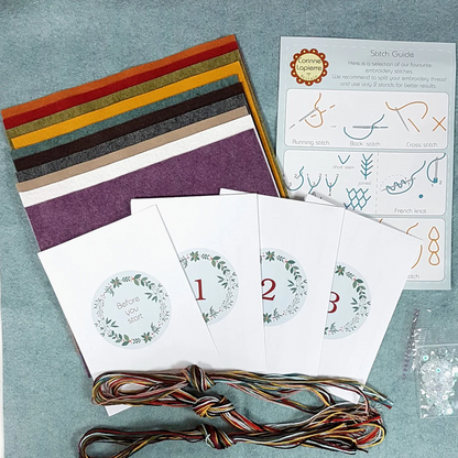 Embroidery kit with felt squares , pattern , and thread on a gray background