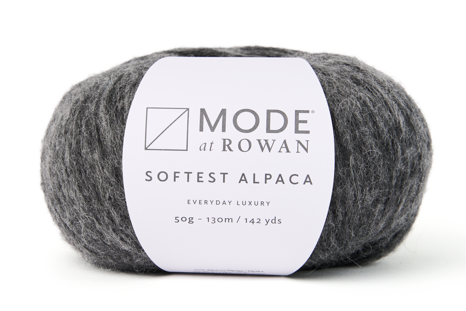 ball of mid grey yarn with mode at rowan label on a white background.