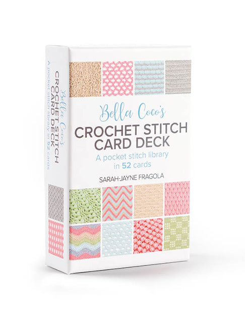 Crochet Stitch Card Deck with images of different stitches and title. with white background.