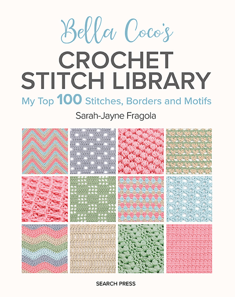 Book cover of 'Bella Coco's Crochet Stitch Library' with crochet patterns on a white background.