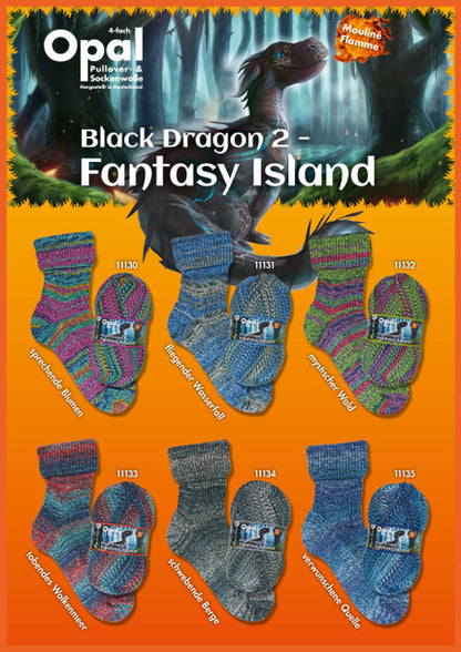 Opal yarn catalog featuring black dragon design and colorful sock patterns on an orange background.