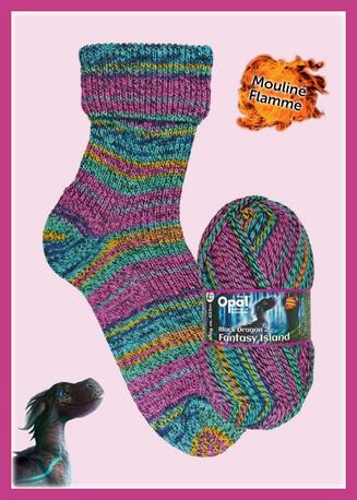 Colourful knitted sock with a ball of yarn with blue, green pink and yellow on a pink background, featuring 'Mouline Flamme' brand.