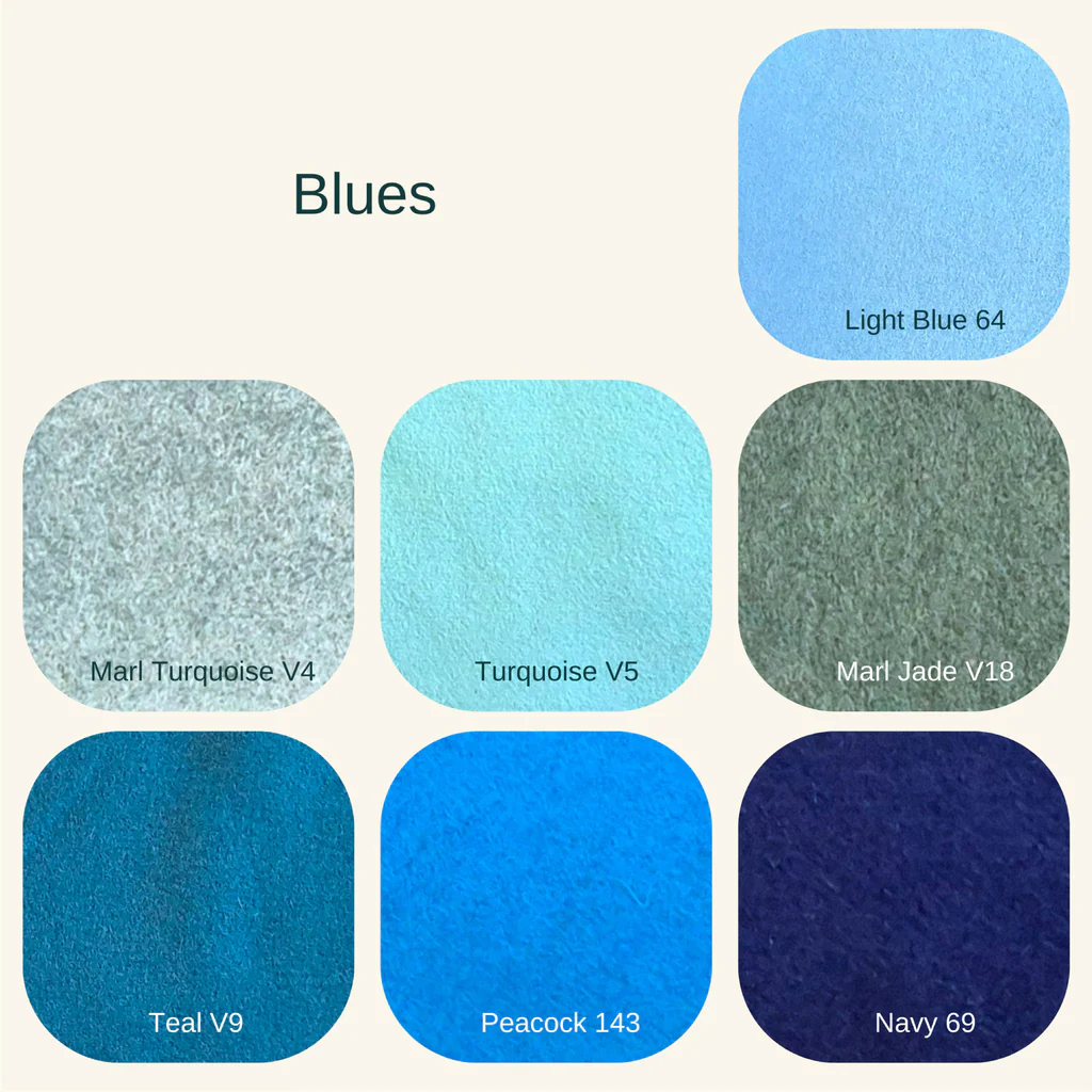 swatches of blue felt colours on white background and shade names and numbers.