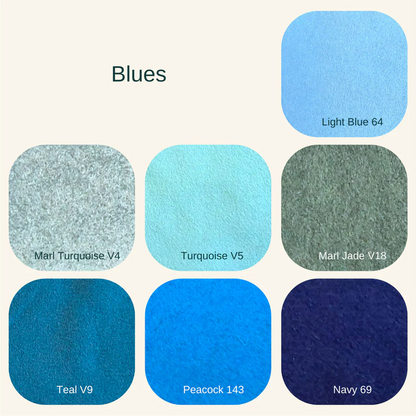 swatches of blue felt colours on white background and shade names and numbers.