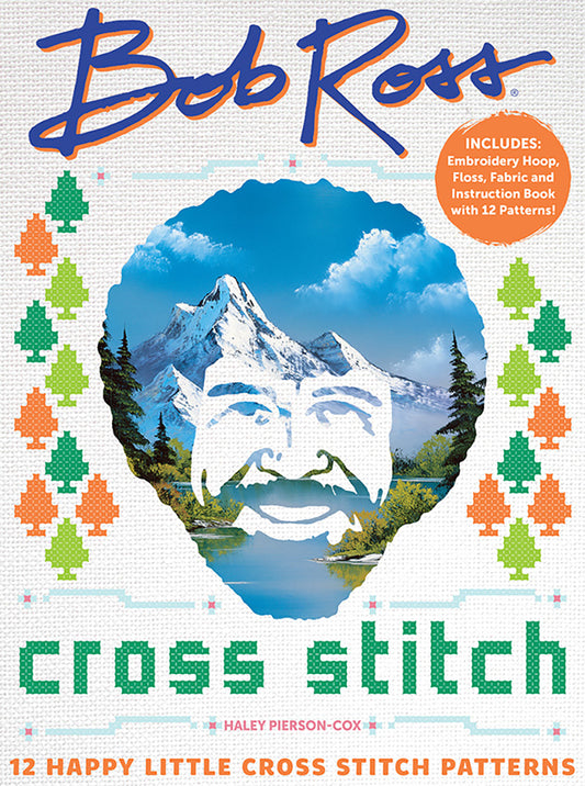 Book cover of 'Bob Ross Cross Stitch' with mountain and face of bob ross on the front.