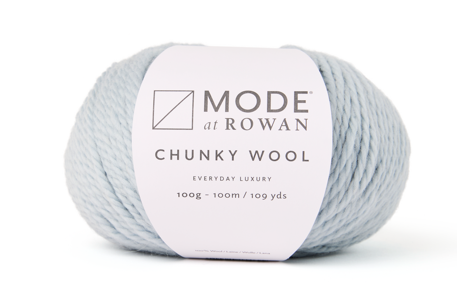 ball of chunky yarn in a light powder blue with a mode at rowan label on a white background.