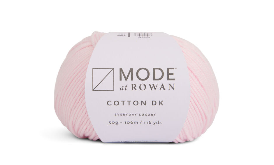 ball of pink yarn on a white background with mode at rowan label  and grey text.