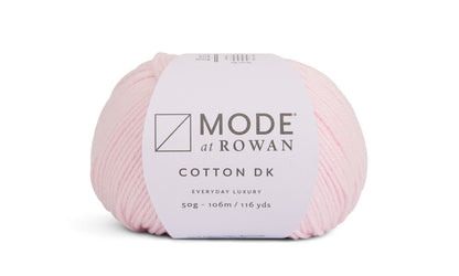 ball of pink yarn on a white background with mode at rowan label  and grey text.