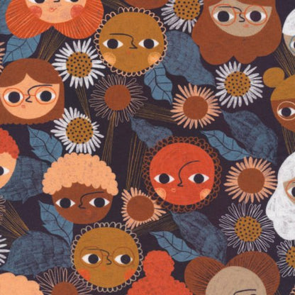 A swatch of Budding Ideas from Idea Garden collection for Cloud9 Fabrics, a pattern of stylized faces and flowers in shades of brow ad blue on a navy background.
