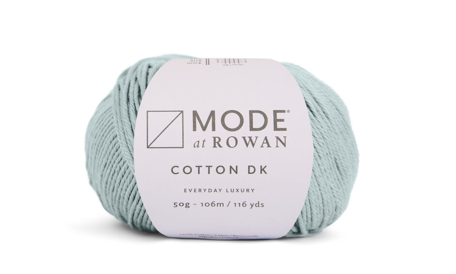 ball of light blue yarn on a white background and a mode at rowan label with grey writing.
