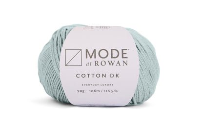 ball of light blue yarn on a white background and a mode at rowan label with grey writing.