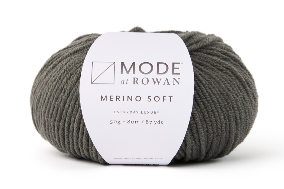 ball of grey yarn with mode at rowan label with grey writing on a white background.