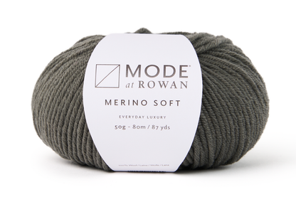 ball of grey yarn with mode at rowan label with grey writing on a white background.
