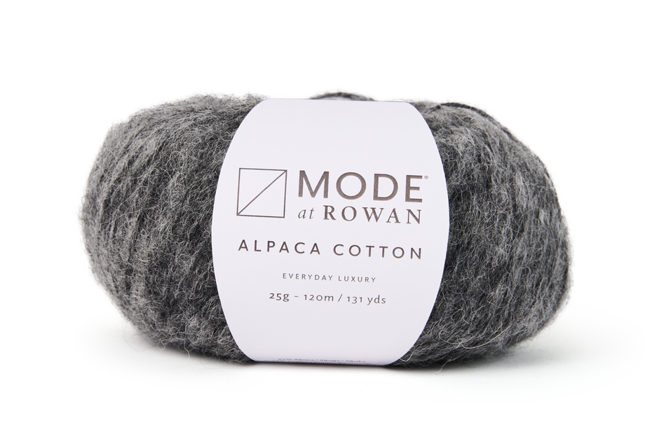 grey ball of yarn with white mode at rowan label and grey writing on a plain white background.