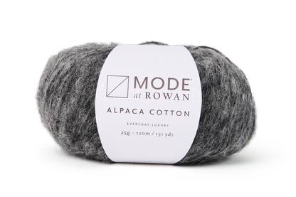 grey ball of yarn with white mode at rowan label and grey writing on a plain white background.