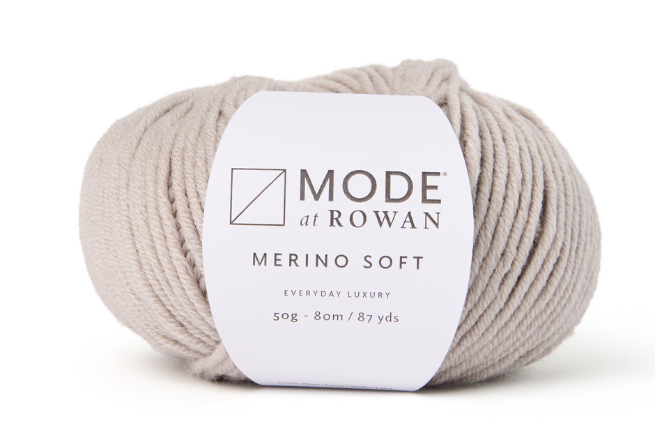 ball of grey yarn with mode at rowan label with grey writing on a plain white background.