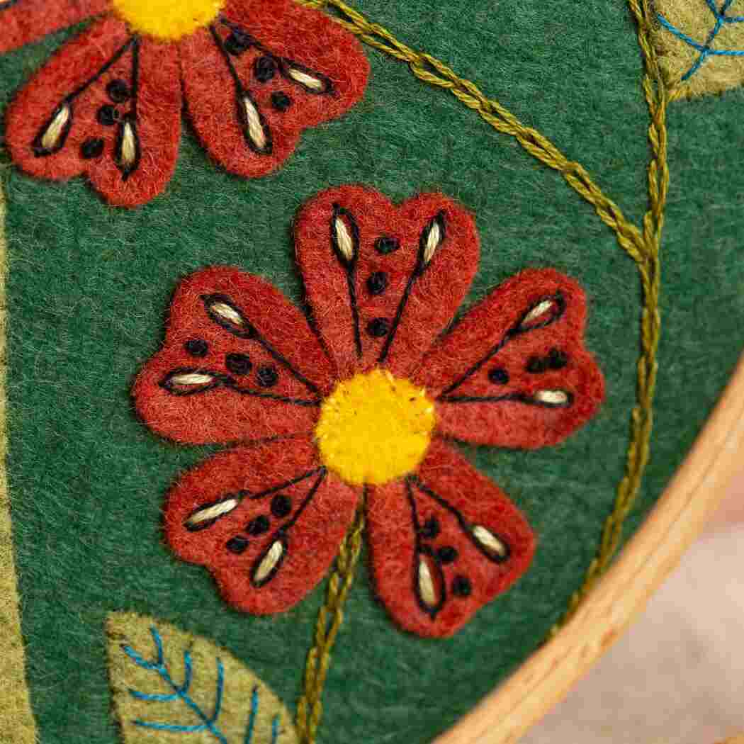 Close-up of embroidered rust red flowers with yellow centers on green fabric.