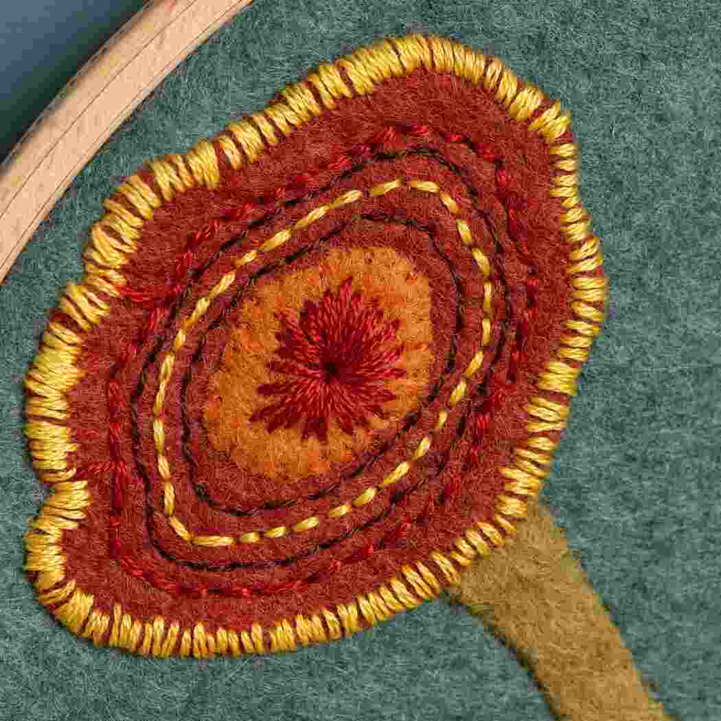 Close-up of a an embroidered fungi design