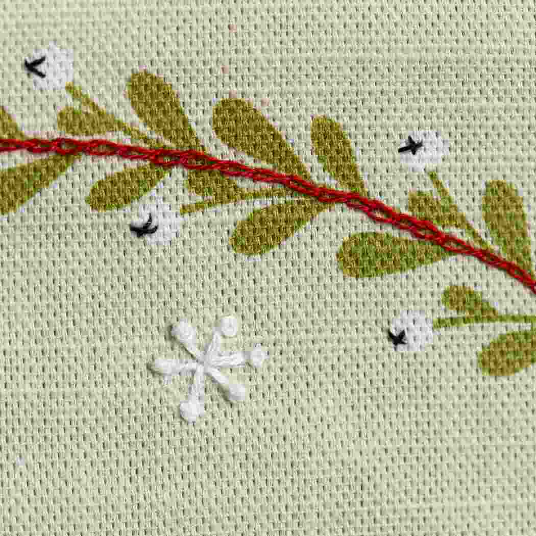 Close up of foliage design on a linen fabric background with hand embroidered embellishments