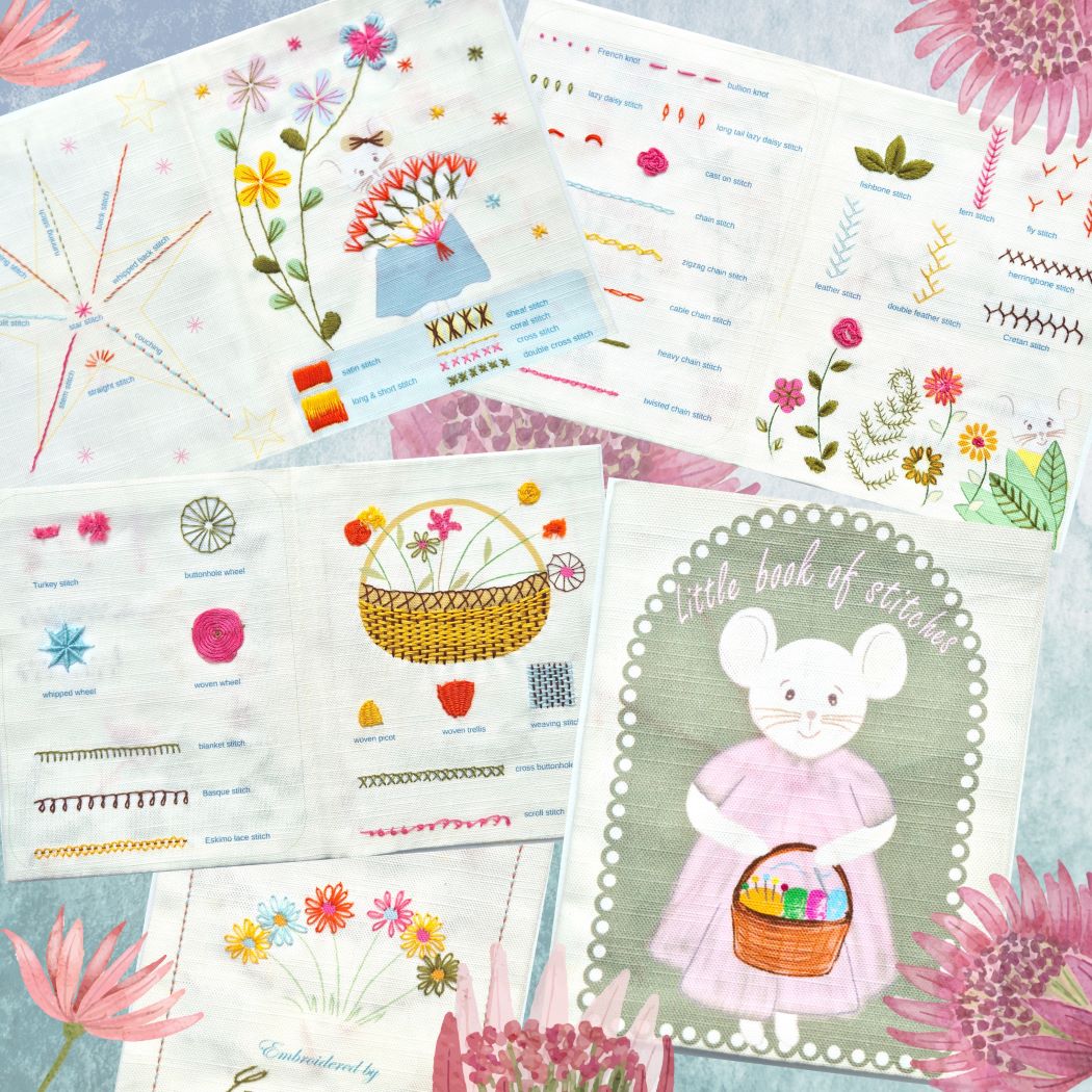 items from kit spread out on a table with floral illustrations along the edges.