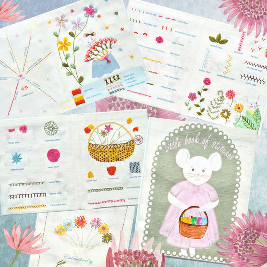 items from kit spread out on a table with floral illustrations along the edges.