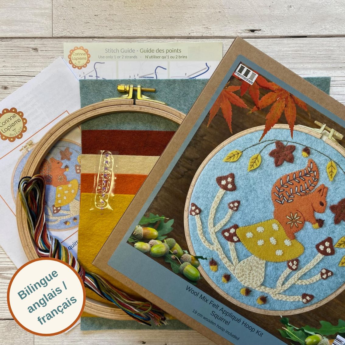 Embroidery kit with hoop, thread, and pattern on a wooden surface