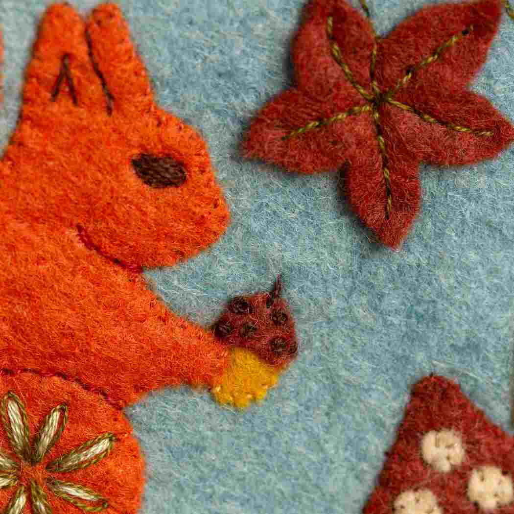 close up of an embroidered felt squirrel and leaves on a blue background