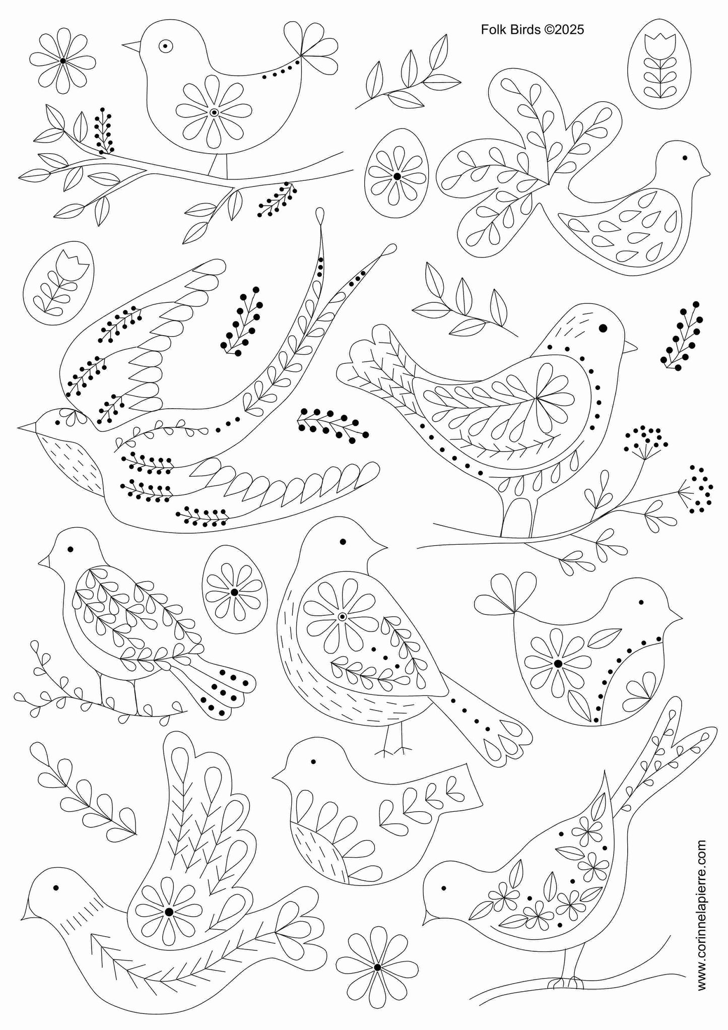 black and white images of stick and stitch designs from the folk birds pack of designs.