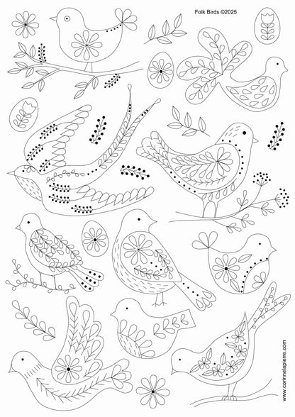 black and white images of stick and stitch designs from the folk birds pack of designs.