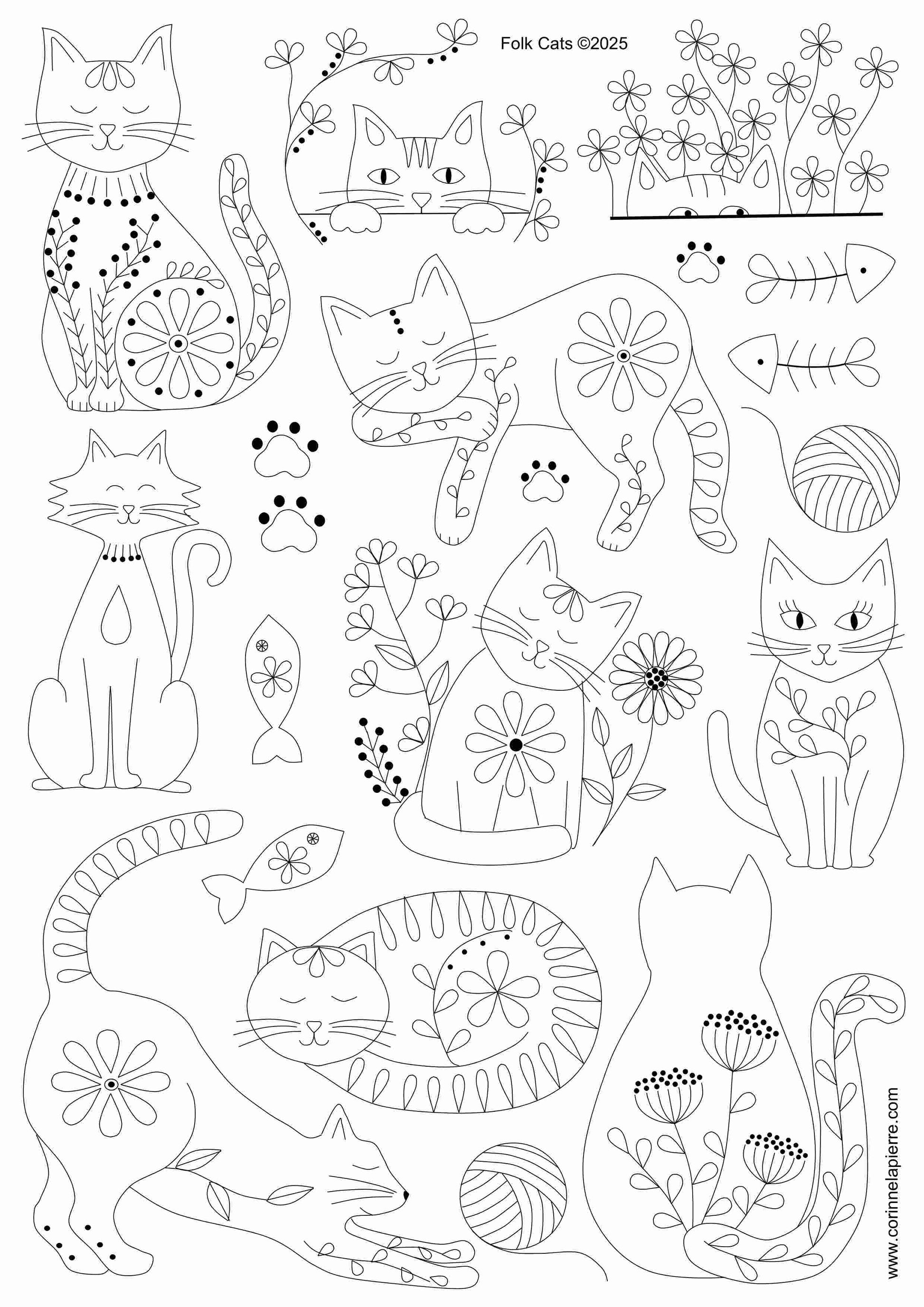 white page of stick and stitch embroidery designs from the folk cat collection. 