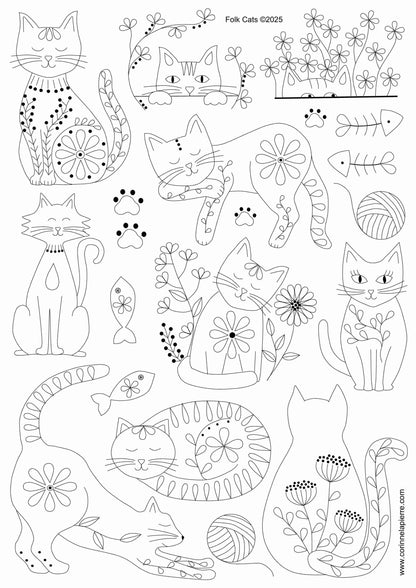 white page of stick and stitch embroidery designs from the folk cat collection. 