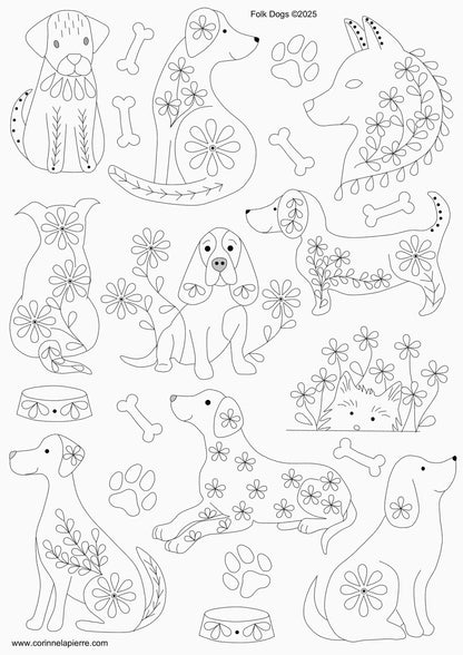 Black and white illustrations of dogs with floral motifs on stick and stitch paper.