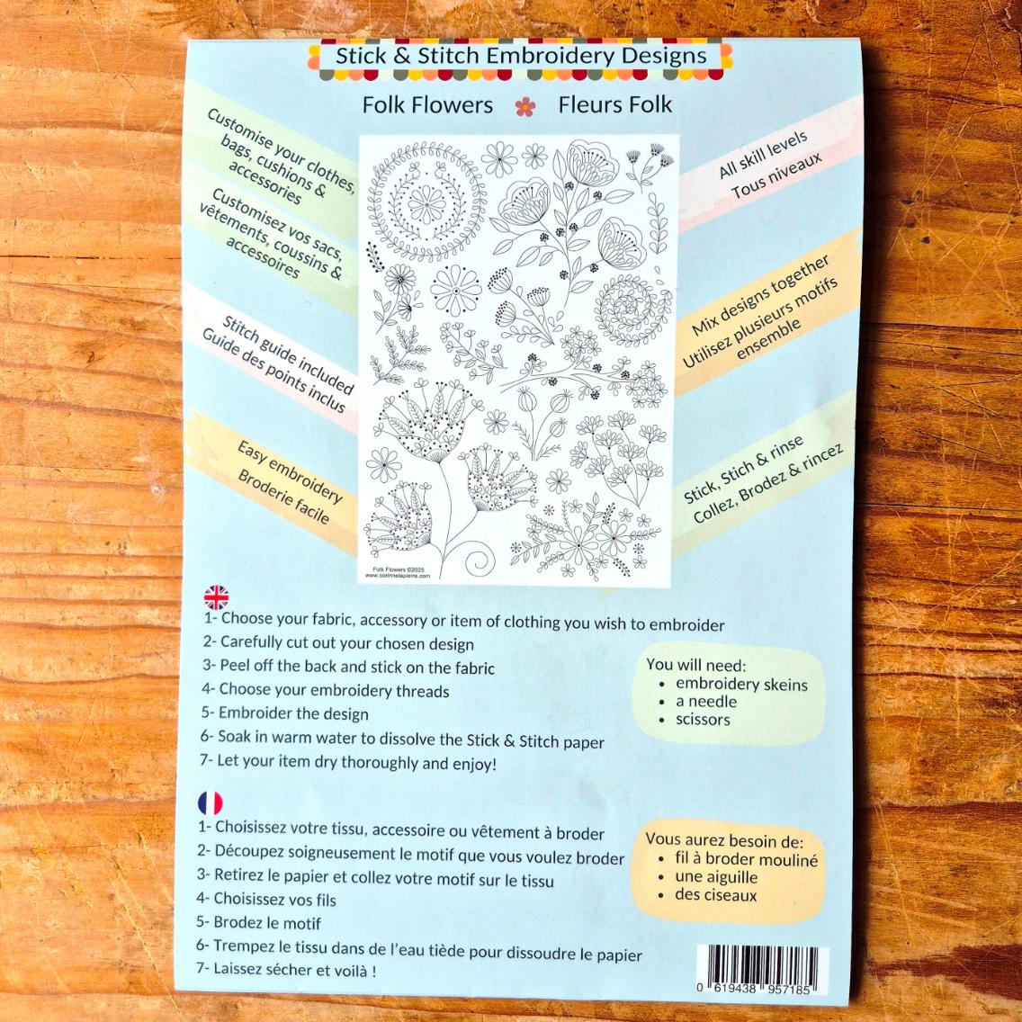 back of stick and stitch embroidery pack  with instructions and information.