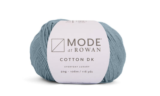 light blue yarn on white background with mode at rowan label with grey writing.