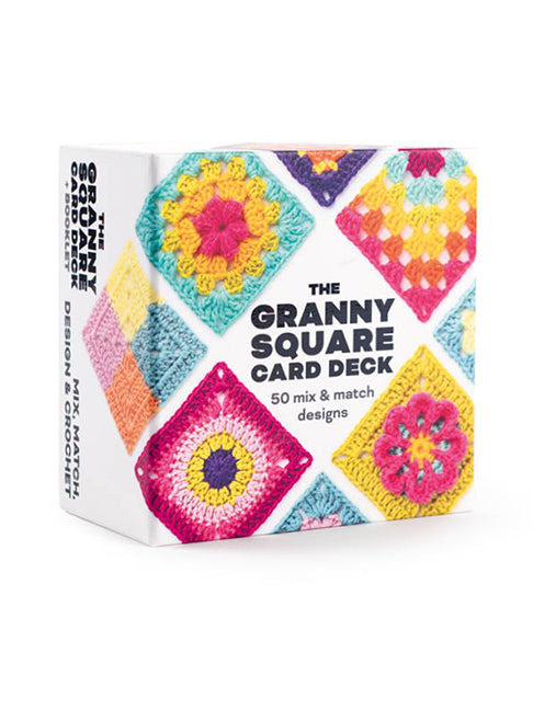 Colorful box of 'The Granny Square Card Deck' with crochet pattern design on a white background