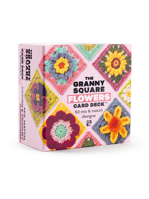 Card deck packaging with granny square flowers design on the packaging and title on the front card deck has a cover. e