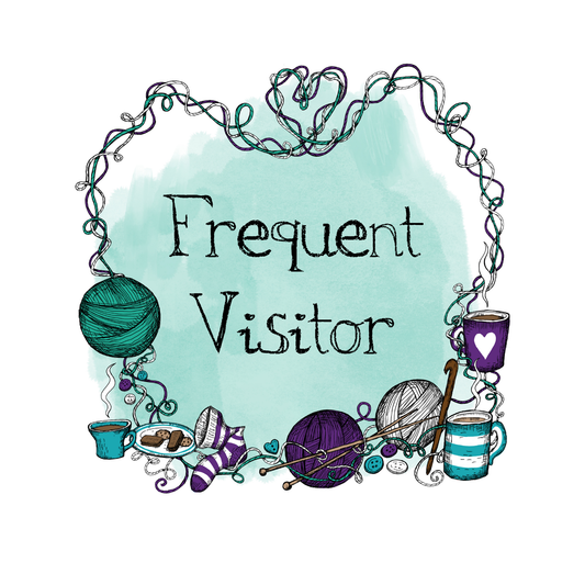 Decorative logo with yarn balls, cups of tea, biscuits, and text 'Frequent Visitor' on a light turquoise background.