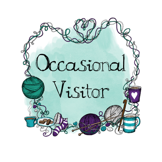 Decorative logo with yarn balls, cups of tea, biscuits, and text 'Occasional Visitor' on a light turquoise background.