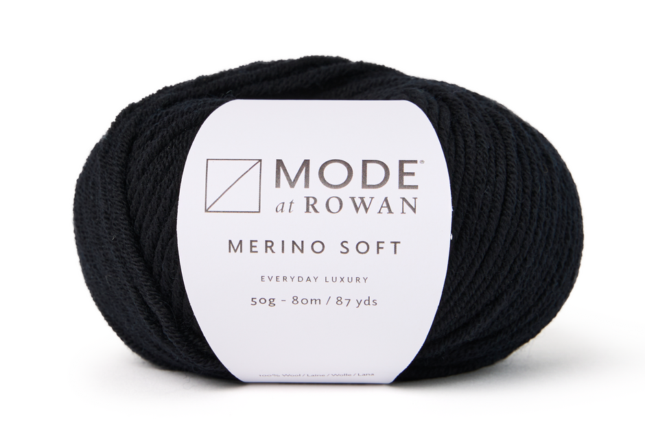 black ball of yarn with mode at rowan label with grey writing a plain white background.