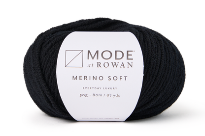 black ball of yarn with mode at rowan label with grey writing a plain white background.