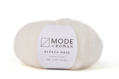 ball of white fluffy yarn on white background with mode at rowan label with grey writing.