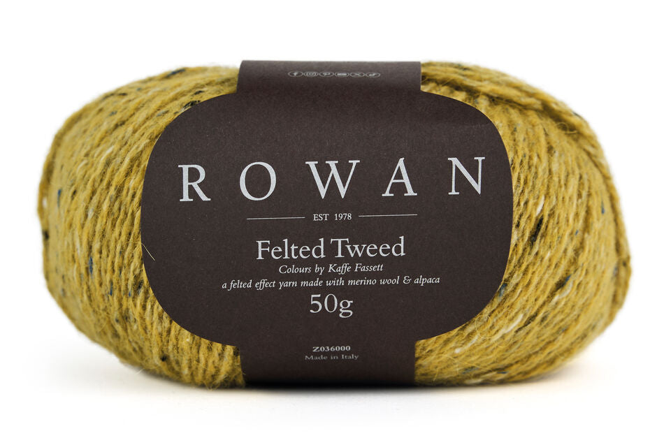 Daffodil Yellow yarn ball with Rowan Felted Tweed Kaffe Fassett label on a white background