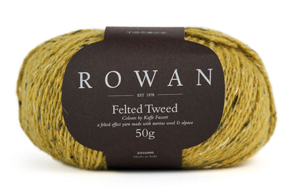Daffodil Yellow yarn ball with Rowan Felted Tweed Kaffe Fassett label on a white background