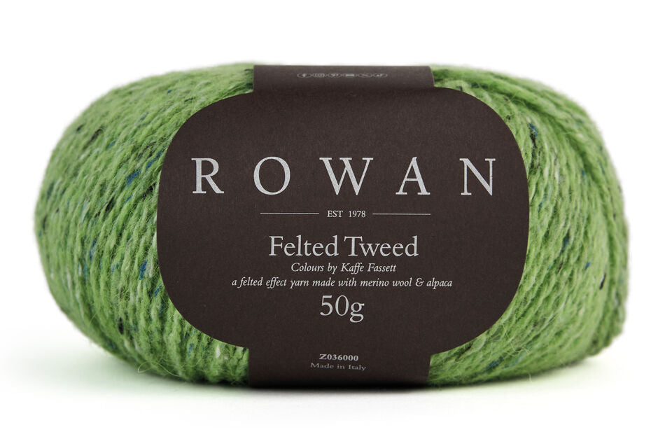 Apple Green yarn ball with Rowan Felted Tweed Kaffe Fassett label on a white background