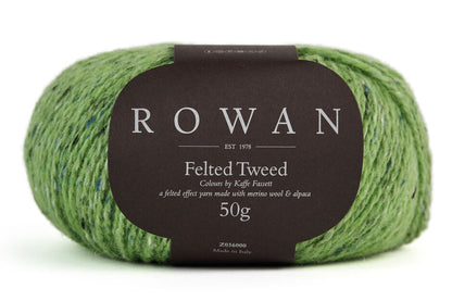 Apple Green yarn ball with Rowan Felted Tweed Kaffe Fassett label on a white background