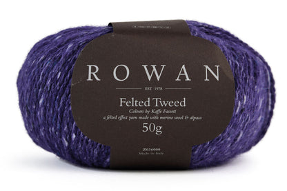 Regal Purple yarn ball with Rowan Felted Tweed Kaffe Fassett label on a white background