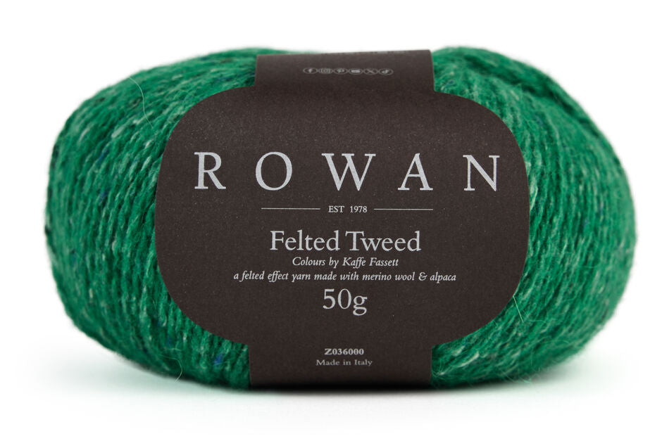 Cucumber bright green yarn ball with Rowan Felted Tweed Kaffe Fassett label on a white background